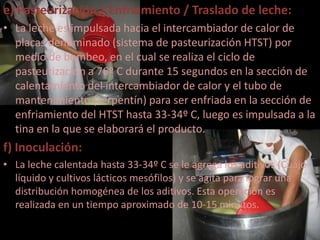 e) Pasteurización / Enfriamiento / Traslado de leche:
• La leche es impulsada hacia el intercambiador de calor de
  placas denominado (sistema de pasteurización HTST) por
  medio de bombeo, en el cual se realiza el ciclo de
  pasteurización a 76º C durante 15 segundos en la sección de
  calentamiento del intercambiador de calor y el tubo de
  mantenimiento (serpentín) para ser enfriada en la sección de
  enfriamiento del HTST hasta 33-34º C, luego es impulsada a la
  tina en la que se elaborará el producto.
f) Inoculación:
• La leche calentada hasta 33-34º C se le agrega los aditivos (Cuajo
  líquido y cultivos lácticos mesófilos) y se agita para lograr una
  distribución homogénea de los aditivos. Esta operación es
  realizada en un tiempo aproximado de 10-15 minutos.
 