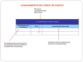LEVANTAMIENTO DEL PERFIL DE PUESTO
Nivel de la
competencias (Alto,
Medio, Bajo)
Competencias técnicas de acuerdo a
las actividades del puesto (Matriz de
Competencias Conductuales)
Descripción de las competencias de
acuerdo al nivel seleccionado
 