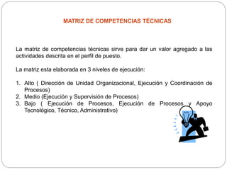 MATRIZ DE COMPETENCIAS TÉCNICAS
La matriz de competencias técnicas sirve para dar un valor agregado a las
actividades descrita en el perfil de puesto.
La matriz esta elaborada en 3 niveles de ejecución:
1. Alto ( Dirección de Unidad Organizacional, Ejecución y Coordinación de
Procesos)
2. Medio (Ejecución y Supervisión de Procesos)
3. Bajo ( Ejecución de Procesos, Ejecución de Procesos y Apoyo
Tecnológico, Técnico, Administrativo)
 