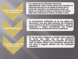 Buena visibilidad de 
los contenidos. 
• Los colores de los diferentes elementos 
especialmente, texto y fondo, tienen que contrastar lo 
suficiente para que no se impida la lectura de su 
contenido. Asimismo, las diapositivas deben ser 
claras, no contener excesivo contenido y el mismo 
debe hacer referencia al mismo concepto o tema. 
Esquematización. 
• La presentación multimedia no es una página de 
documento, sino que debe presentar los conceptos 
y sus relaciones de forma esquematizada, a partir de 
diagramas o mapas conceptuales que faciliten 
visualmente la comprensión de los contenidos. 
Complementariedad 
de los medios. 
• El uso de texto, imágenes y sonidos debe realizarse 
de forma que cada uno de los elementos 
complemente o clarifique a los restantes. En ningún 
caso se deben utilizar como elementos distractores 
con poca o ninguna relación con los contenidos 
expuestos. 
 