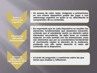 Evitar la 
sobrecarga 
cognitiva. 
• Un exceso de color, texto, imágenes o animaciones 
en una misma diapositiva puede dar lugar a una 
sobrecarga cognitiva en quién la ve, dificultando la 
comprensión de su contenido. 
Resaltar los 
elementos 
fundamentales. 
• Es importante que en cada diapositiva se resalten los 
elementos fundamentales que deseamos transmitir, 
evitando que el estudiante centre su atención sobre 
elementos secundarios. Se debe tener un cuidado 
especial, en este sentido con las animaciones, pues 
son elementos que por su característica fundamental 
el movimiento captan la atención de la audiencia, 
pudiendo con ello restar atención al resto del 
contenido de la diapositiva. 
Buscar la 
interacción y 
participación de la 
audiencia. 
• A través de preguntas o cuestiones sobre las que 
tienen que analizar y reflexionar. 
 