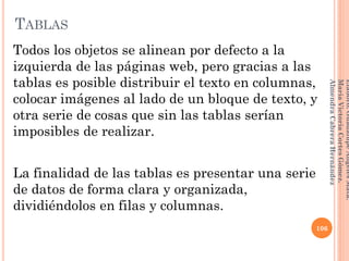 Todos los objetos se alinean por defecto a la
izquierda de las páginas web, pero gracias a las
tablas es posible distribuir el texto en columnas,
colocar imágenes al lado de un bloque de texto, y
otra serie de cosas que sin las tablas serían
imposibles de realizar.
La finalidad de las tablas es presentar una serie
de datos de forma clara y organizada,
dividiéndolos en filas y columnas.
106
Elaboró:GuadalupeAngelesMata.
MaríaVictoriaCortesGómez.
AlmendraCabreraHernández
TABLAS
 