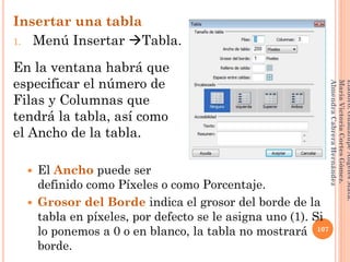 Insertar una tabla
1. Menú Insertar Tabla.
En la ventana habrá que
especificar el número de
Filas y Columnas que
tendrá la tabla, así como
el Ancho de la tabla.
 El Ancho puede ser
definido como Píxeles o como Porcentaje.
 Grosor del Borde indica el grosor del borde de la
tabla en píxeles, por defecto se le asigna uno (1). Si
lo ponemos a 0 o en blanco, la tabla no mostrará
borde.
107
Elaboró:GuadalupeAngelesMata.
MaríaVictoriaCortesGómez.
AlmendraCabreraHernández
 