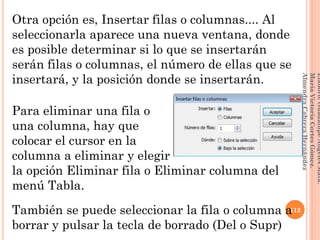 Otra opción es, Insertar filas o columnas.... Al
seleccionarla aparece una nueva ventana, donde
es posible determinar si lo que se insertarán
serán filas o columnas, el número de ellas que se
insertará, y la posición donde se insertarán.
Para eliminar una fila o
una columna, hay que
colocar el cursor en la fila o
columna a eliminar y elegir
la opción Eliminar fila o Eliminar columna del
menú Tabla.
También se puede seleccionar la fila o columna a
borrar y pulsar la tecla de borrado (Del o Supr)
112
Elaboró:GuadalupeAngelesMata.
MaríaVictoriaCortesGómez.
AlmendraCabreraHernández
 