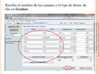 Escriba el nombre de los campos y el tipo de datos, de
clic en Grabar.
176
Elaboró:GuadalupeAngelesMata.
MaríaVictoriaCortesGómez.
AlmendraCabreraHernández
 