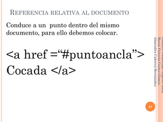 REFERENCIA RELATIVA AL DOCUMENTO
Conduce a un punto dentro del mismo
documento, para ello debemos colocar.
<a href =“#puntoancla”>
Cocada </a>
27
Elaboró:GuadalupeAngelesMata.
MaríaVictoriaCortesGómez.
AlmendraCabreraHernández
 