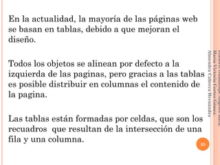 En la actualidad, la mayoría de las páginas web
se basan en tablas, debido a que mejoran el
diseño.
Todos los objetos se alinean por defecto a la
izquierda de las paginas, pero gracias a las tablas
es posible distribuir en columnas el contenido de
la pagina.
Las tablas están formadas por celdas, que son los
recuadros que resultan de la intersección de una
fila y una columna. 35
Elaboró:GuadalupeAngelesMata.
MaríaVictoriaCortesGómez.
AlmendraCabreraHernández
 