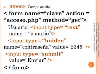 7. HIDDEN. Campo oculto
< form name=“clave” action =
“acceso.php” method=“get”>
Usuario: <input type= “text”
__name = “usuario”/>
<input type= “hidden”
name=“contraseña” value=“2345” />
<input type= “submit”
__value=“Enviar” />
< / form>
55
Elaboró:GuadalupeAngelesMata.
MaríaVictoriaCortesGómez.
AlmendraCabreraHernández
 