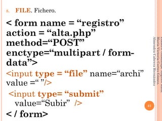 8. FILE. Fichero.
< form name = “registro”
action = “alta.php”
method=“POST”
enctype=“multipart / form-
data”>
<input type = “file” name=“archi”
value =“ ”/>
<input type= “submit”
__value=“Subir” />
< / form>
57
Elaboró:GuadalupeAngelesMata.
MaríaVictoriaCortesGómez.
AlmendraCabreraHernández
 