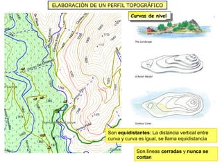 ELABORACIÓN DE UN PERFIL TOPOGRÁFICO
Curvas de nivel
Son equidistantes: La distancia vertical entre
curva y curva es igual, se llama equidistancia
Son líneas cerradas y nunca se
cortan
 