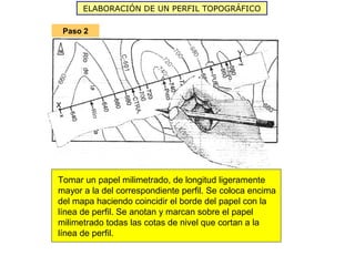 ELABORACIÓN DE UN PERFIL TOPOGRÁFICO
Paso 2
Tomar un papel milimetrado, de longitud ligeramente
mayor a la del correspondiente perfil. Se coloca encima
del mapa haciendo coincidir el borde del papel con la
línea de perfil. Se anotan y marcan sobre el papel
milimetrado todas las cotas de nivel que cortan a la
línea de perfil.
 