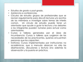 • Estudios de grado o post-grado. 
• Asistencia a conferencias. 
• Círculos de estudio: grupos de profesionales que se 
reúnen regularmente para discutir lecturas y/o escritos 
de los miembros e investigar sobre temas de interés 
común. Un círculo de estudio puede tener un 
orientador que ayude a guiar la lectura y los debates 
o los integrantes pueden turnarse para actuar como 
orientadores. 
• Cursos o talleres generados por el área de 
incumbencia: Cursos o talleres que surgieron de las 
necesidades de los practicantes, quienes encuentran 
personas que los capaciten. 
• Institutos: Cursos implementados por instituciones no 
académicas, que a menudo abarcan no sólo las 
disertaciones, discusiones y lectura sino además la 
observación y la puesta en práctica. 
 