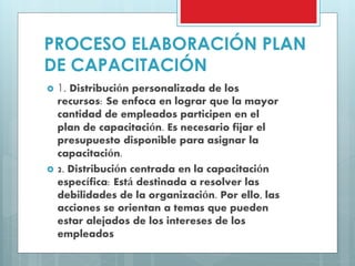 PROCESO ELABORACIÓN PLAN 
DE CAPACITACIÓN 
 1. Distribución personalizada de los 
recursos: Se enfoca en lograr que la mayor 
cantidad de empleados participen en el 
plan de capacitación. Es necesario fijar el 
presupuesto disponible para asignar la 
capacitación. 
 2. Distribución centrada en la capacitación 
específica: Está destinada a resolver las 
debilidades de la organización. Por ello, las 
acciones se orientan a temas que pueden 
estar alejados de los intereses de los 
empleados 
 