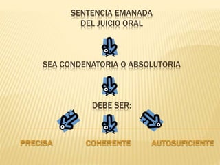 SENTENCIA EMANADA 
DEL JUICIO ORAL 
SEA CONDENATORIA O ABSOLUTORIA 
DEBE SER: 
 