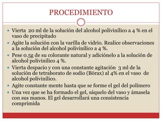 PROCEDIMIENTO
 Vierta 20 ml de la solución del alcohol polivinílico a 4 % en el
vaso de precipitado
 Agite la solución con la varilla de vidrio. Realice observaciones
a la solución del alcohol polivinílico a 4 %.
 Pese 0.5g de su colorante natural y adiciónelo a la solución de
alcohol polivinilico 4 %.
 Vierta despacio y con una constante agitación 3 ml de la
solución de tetraborato de sodio (Bórax) al 4% en el vaso de
alcohol polivinílico.
 Agite constante mente hasta que se forme el gel del polímero
 Una vez que se ha formado el gel, sáquelo del vaso y ámasela
con sus manos. El gel desarrollará una consistencia
comprimida
 