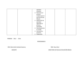 ejemplos
similares.
 Reconocer el
proceso
creativo para la
escritura de las
fábulas.
 Realización de
ejemplos
siguiendo el
proceso
aprendido.
 Socialización de
lo creado.
 Corrección y
escritura.
 Publicación.
PERÍODO 2012 - 2013
RESPONSABLES:
DRA. María Ruth Andrade Saeteros. DRA: Rosa Viteri
DOCENTE DIRECTORA DE ESCUELA EDUCACIÓN BÁSICA
 