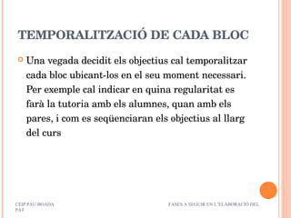 TEMPORALITZACIÓ DE CADA BLOC Una vegada decidit els objectius cal temporalitzar cada bloc ubicant-los en el seu moment necessari. Per exemple cal indicar en quina regularitat es farà la tutoria amb els alumnes, quan amb els pares, i com es seqüenciaran els objectius al llarg del curs CEIP PAU BOADA  FASES A SEGUIR EN L’ELABORACIÓ DEL PAT 