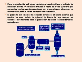    Para la producción del hierro también se puede utilizar el método de
    reducción directa - Consiste en triturar la mena de hierro y pasarla por
    un reactor con los agentes reductores, con lo que algunos elementos no
    convenientes para la fusión del hierro son eliminados.
   El producto del sistema de reducción directa es el hierro esponja que
    consiste en unos pellets de mineral de hierro los que pueden ser
    utilizados directamente para la producción de hierro con características
    controladas.
 