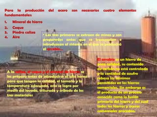 Para la producción       del   acero   son   necesarios   cuatro   elementos
fundamentales:
1.   Mineral de hierro
2.   Coque
3.   Piedra caliza
                       • Los tres primeros se extraen de minas y son
4.   Aire
                       preparados antes que se transporten e
                       introduzcan al sistema en el que se producirá
                       el arrabio…

                                                      El arrabio es un hierro de
                                                      poca calidad, su contenido
                                                      de carbón no está controlado
 A la caliza, el coque y el mineral de hierro se      y la cantidad de azufre
 les prepara antes de introducirse al alto horno      rebasa los mínimos
 para que tengan la calidad, el tamaño y la           permitidos en los hierros
 temperatura adecuada, esto se logra por              comerciales. Sin embargo es
 medio del lavado, triturado y cribado de los         el producto de un proceso
 tres materiales                                      conocido como la fusión
                                                      primaria del hierro y del cual
                                                      todos los hierros y aceros
                                                      comerciales proceden.
 