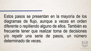 Estos pasos se presentan en la mayoría de los
diagramas de flujo, aunque a veces en orden
diferente o repitiendo alguno de ellos. También es
frecuente tener que realizar toma de decisiones
y/o repetir una serie de pasos, un número
determinado de veces.
 
