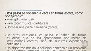 Estos pasos se obtienen a veces en forma escrita, como
por ejemplo:
Mini Split (manual).
Para tocar música (partituras).
Hornear una pizza hawaiana (receta).
• En otras ocasiones los pasos se saben de forma
es decir; que no los aprendemos por medio de
instrucciones escritas, sino de nuestras experiencias
cotidianas,
• Un algoritmo nos da la solución genérica a un problema
 