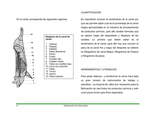 En el cerdo corresponde las siguientes regiones:
Elaboración de Charcutería6
Despiece de la canal de
cerdo:
1. Cabeza.
2. Papada.
3. Paletilla.
4. Patas delanteras.
5. Pecho.
6. Cuello
7. Costillar alto.
8. Costillar medio.
9. Falda con costillar bajo.
10. Lomo con solomillo.
11. Falda.
12. Tocino.
13. Jamón.
14. Patas traseras.
14
13
12
11
10
9
8
7
6
5
4
3
2
1
CUANTIFICACIÓN
Es importante conocer el rendimiento de la canal por
que así permite saber cual es el porcentaje de la carne
magra aprovechable en la industria de procesamiento
de productos carnicos, para ello existen formulas que
se aplican luego del despostado y despiece de las
canales. Lo primero que deben saber es el
rendimiento de la canal, para ello hay que conocer el
peso de la canal fría y luego del desposte se obtiene
en Kilogramos de carne Magra, Kilogramos de Huesos
y Kilogramos de grasa.
HERRAMIENTAS Y UTENSILIOS
Para poder elaborar y transformar la carne hace falta
un gran número de instrumentos de trabajo y
utensilios. La mayoría de ellos son necesarios para la
fabricación de casi todos los productos cárnicos y solo
unos pocos sirven para fines especiales.
 