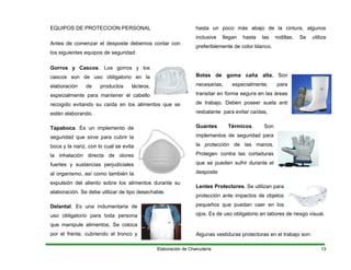 Elaboración de Charcutería 13Elaboración de Charcutería 13
EQUIPOS DE PROTECCION PERSONAL
Antes de comenzar el desposte debemos contar con
los siguientes equipos de seguridad:
Gorros y Cascos. Los gorros y los
de uso obligatorio en la
elaboración de productos lácteos,
especialmente para mantener el cabello
ecogido evitando su caída en los alimentos que se
estén elaborando.
Tapaboca. Es un implemento de
boca y la nariz, con lo cual se evita
durante su
ble.
os. Se coloca
goma caña alta. Son
necesarias, especialmente, para
implementos de seguridad para
la protección de las manos.
l.
el trabajo son:
cascos son
r
seguridad que sirve para cubrir la
la inhalación directa de olores
fuertes y sustancias perjudiciales
al organismo, así como también la
expulsión del aliento sobre los alimentos
elaboración. Se debe utilizar de tipo desecha
Delantal. Es una indumentaria de
uso obligatorio para toda persona
que manipule aliment
por el frente, cubriendo el tronco y
hasta un poco más abajo de la cintura, algunos
inclusive llegan hasta las rodillas. Se utiliza
preferiblemente de color blanco.
Botas de
transitar en forma segura en las áreas
de trabajo. Deben poseer suela anti
resbalante para evitar caídas,
Guantes Térmicos. Son
Protegen contra las cortaduras
que se pueden sufrir durante el
desposte
Lentes Protectores. Se utilizan para
protección ante impactos de objetos
pequeños que puedan caer en los
ojos. Es de uso obligatorio en labo
Algunas vestiduras protectoras en
res de riesgo visua
 