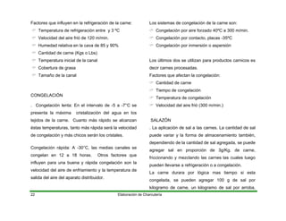 Elaboración de Charcutería22
Factores que influyen en la refrigeración de la carne:
Temperatura de refrigeración entre y 3 ºC
Velocidad del aire frió de 120 m/min.
-5 a -7°C se
en los
rápido se alcanzan
erá la velocidad
de congelación y más chicos serán los cristales.
ongelación rápida: A -30°C, las medias canales se
ongelan en 12 a 18 horas. Otros factores que
buena y rápida congelación son la
.
Congelación por contacto, placas -35ºC
Cantidad de carne
SALAZÓN
e almacenamiento también,
l agregada, se puede
orción de 3g/Kg. de carne,
carnes las cuales luego
a congelación.
mas tiempo si esta
congelada, se pueden agregar 100 g de sal por
kilogramo de carne, un kilogramo de sal por arroba,
Humedad relativa en la cava de 85 y 90%
Cantidad de carne (Kgs o Lbs)
Temperatura inicial de la canal
Cobertura de grasa
Tamaño de la canal
CONGELACIÓN
. Congelación lenta: En el intervalo de
presenta la máxima cristalización del agua
tejidos de la carne. Cuanto más
éstas temperaturas, tanto más rápida s
C
c
influyen para una
velocidad del aire de enfriamiento y la temperatura de
salida del aire del aparato distribuidor.
Los sistemas de congelación de la carne son:
Congelación por aire forzado 40ºC a 300 m/min
Congelación por inmersión o aspersión
Los últimos dos se utilizan para productos carnicos es
decir carnes procesadas.
Factores que afectan la congelación:
Tiempo de congelación
Temperatura de congelación
Velocidad del aire frió (300 m/min.)
. La aplicación de sal a las carnes. La cantidad de sal
puede variar y la forma d
dependiendo de la cantidad de sa
agregar sal en prop
friccionando y mezclando las
pueden llevarse a refrigeración o
La carne durara por lógica
 