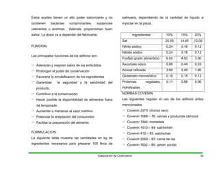 Estos aceites tienen un alto poder saborizante y no
contienen bacterias contaminantes, sustancias
colorantes o enzimas. Además, proporcionan buen
sabor. La dosis va a depender del fabricante.
FUNCION
Las principales funciones de los aditivos son:
Aderezan y mejoran sabor de los embutidos
Prolongan el poder de conservación
Favorece la emulsificacion de los ingredientes
Garantizar la seguridad y la salubridad del
producto.
Contribuir a la conservación.
Hacer posible la disponibilidad de alimentos fuera
de temporada.
Aumentar o mantener el valor nutritivo.
Potenciar la aceptación del consumidor.
Facilitar la preparación del alimento.
FORMULACION
La siguiente tabla muestra las cantidades en kg de
ingredientes necesarios para preparar 100 litros de
salmuera, dependiendo de la cantidad de líquido a
inyectar en la pieza.
Ingredientes 10% 15% 20%
Sal 20.00 14.40 10.00
Nitrito sódico 0.24 0.16 0.12
Nitrato sódico 0.24 0.16 0.12
Fosfato grado alimenticio 6.00 4.00 3.00
Ascorbato sóico 0.66 0.44 0.33
Azúcar refinada 3.60 2.40 1.80
Glutamato monosódico 0.18 0.15 0.12
Proteínas vegetales,
hidrolizadas
0.11 0.08 0.06
NORMAS COVENIN
Las siguientes regulan el uso de los aditivos antes
mencionados
Covenin 2070: chorizo seco
Covenin 1088 – 76: carnes y productos cárnicos
Covenin 1944: mortadela
Covenin 1410 – 84: salchichón
Covenin 412 – 83: salchichas
Covenin 2069 – 83: carne de res
Covenin 1602 – 80: jamón cocido
Elaboración de Charcutería 35
 