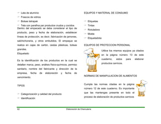 Lata de aluminio
Frascos de vidrios
Bolsas tetrapak
Tela con parafina par productos crudos y cocidos
Dentro del empacado se debe considerar el tipo de
producto, peso y fecha de elaboración, establecer
líneas de protección, es decir, fabricación de jamones,
salchichoneria, y otros embutidos. El empaque se
realiza en cajas de cartón, cestas plásticas, bolsas
grandes.
Elaboración de Charcutería62
Etiquetado
Es la identificación de los productos en la cual se
detallan marca, peso, análisis físico-químicos, permiso
sanitario, nombre del fabricante y dirección de la
empresa, fecha de elaboración y fecha de
vencimiento.
TIPOS
Categorización y calidad del producto
Identificación
EQUIPOS Y MATERIAL DE CONSUMO
Etiquetas
Tintas
Rotuladora
Molde
Etiquetadota
EQUIPOS DE PROTECCION PERSONAL
Utilice los mismos equipos ya citados
en la página número 13 de este
cuaderno, estos para elaborar
productos carnicos.
NORMAS DE MANIPULACION DE ALIMENTOS
Cumpla las normas citadas en la página
número 12 de este cuaderno. Es importante
que las mantengas presente en todo el
proceso de elaboración de productos carnicos
 