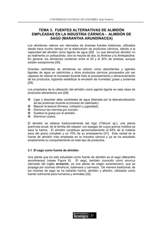 UNIVERSIDAD NACIONAL DE COLOMBIA, Sede Palmira



      TEMA 3. FUENTES ALTERNATIVAS DE ALMIDÓN
   EMPLEADAS EN LA INDUSTRIA CÁRNICA - ALMIDÓN DE
           SAGÚ (MARANTHA ARUNDINACEA)
Los almidones nativos son derivados de diversas fuentes botánicas; utilizados
desde hace mucho tiempo en la elaboración de productos cárnicos, debido a la
capacidad del almidón como ligante de agua [29]. Lo que llamamos almidón no
es realmente un polisacárido, sino la mezcla de dos, la Amilosa y la Amilopectina.
En general, los almidones contienen entre el 20 y el 30% de amilosa, aunque
existen excepciones [30].

Grandes cantidades de almidones se utilizan como absorbentes y agentes
ligantes de agua en salchichas y otros productos cárnicos procesados por ser
capaces de retener la humedad durante todo el procesamiento y almacenamiento
de los productos, logrando estabilizar la emulsión de humedad, grasa y proteínas
[29].

Los propósitos de la utilización del almidón como agente ligante en esta clase de
productos alimenticios son [29]:

    Ligar y absorber altas cantidades de agua (liberada por la desnaturalización
    de las proteínas durante el proceso de calentado).
    Mejorar la textura (firmeza, cohesión y jugosidad).
    Disminuir las mermas por cocción.
    Sustituir la grasa por el almidón.
    Disminuir costos.

El almidón se obtiene tradicionalmente del trigo (Triticum sp.), una planta
gramínea anual, de la familia del césped, con espigas de cuyos granos molidos se
saca la harina. El almidón constituye aproximadamente el 64% de la materia
seca del grano completo y un 70% de su endospermo [31]. Este cereal es la
fuente de almidón más empleada en la industria cárnica y ya se ha estudiado
ampliamente su comportamiento en este tipo de productos.


3.1 El sagú como fuente de almidón

Una planta que ha sido estudiada como fuente de almidón es el sagú (Marantha
arundinacea) (véase Figura 6). El sagú, también conocido como arrurruz
(derivado del inglés arrowrot), es una planta de origen suramericano, que se
propaga por rizomas cilíndricos, tuberosos y carnosos. De manera tradicional, de
los rizomas de sagú se ha extraído harina, almidón y afrecho, utilizados como
fuente nutricional para humanos y animales [32].




                                               21
 