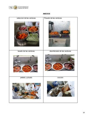 14
ANEXOS
seleccion de las verduras Pesado de las verduras
lavado de las verduras desinfectado de las verduras
pelado y picado coccion
 