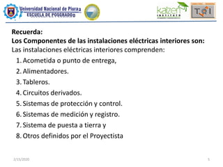 2/15/2020 5
Recuerda:
Los Componentes de las instalaciones eléctricas interiores son:
Las instalaciones eléctricas interiores comprenden:
1.Acometida o punto de entrega,
2.Alimentadores.
3.Tableros.
4.Circuitos derivados.
5.Sistemas de protección y control.
6.Sistemas de medición y registro.
7.Sistema de puesta a tierra y
8.Otros definidos por el Proyectista
 