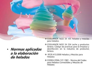 • Normas aplicadas
a la elaboración
de helados
 COGUANOR NGO 34 105 Helados y mezclas
para helados.
 COGUANOR NGO 34 234 Leche y productos
lácteos. Código de practicas para la limpieza y
desinfección en la industria de productos
lácteos.
 RTCR 413:2008 Helados y Mezclas para
Helados
 CODEX-STAN-137-1981 - Norma del Codex
para Helados Comestibles y Mezclas de
Helados
 