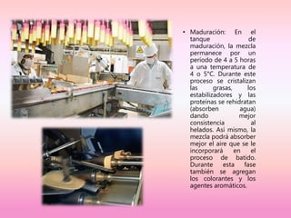 • Maduración: En el
tanque de
maduración, la mezcla
permanece por un
período de 4 a 5 horas
a una temperatura de
4 o 5°C. Durante este
proceso se cristalizan
las grasas, los
estabilizadores y las
proteínas se rehidratan
(absorben agua)
dando mejor
consistencia al
helados. Así mismo, la
mezcla podrá absorber
mejor el aire que se le
incorporará en el
proceso de batido.
Durante esta fase
también se agregan
los colorantes y los
agentes aromáticos.
 