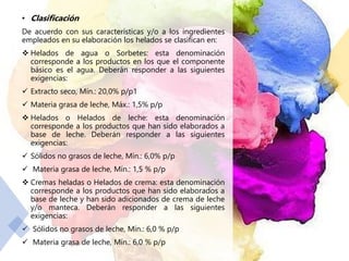 • Clasificación
De acuerdo con sus características y/o a los ingredientes
empleados en su elaboración los helados se clasifican en:
 Helados de agua o Sorbetes: esta denominación
corresponde a los productos en los que el componente
básico es el agua. Deberán responder a las siguientes
exigencias:
 Extracto seco, Mín.: 20,0% p/p1
 Materia grasa de leche, Máx.: 1,5% p/p
 Helados o Helados de leche: esta denominación
corresponde a los productos que han sido elaborados a
base de leche. Deberán responder a las siguientes
exigencias:
 Sólidos no grasos de leche, Mín.: 6,0% p/p
 Materia grasa de leche, Mín.: 1,5 % p/p
 Cremas heladas o Helados de crema: esta denominación
corresponde a los productos que han sido elaborados a
base de leche y han sido adicionados de crema de leche
y/o manteca. Deberán responder a las siguientes
exigencias:
 Sólidos no grasos de leche, Mín.: 6,0 % p/p
 Materia grasa de leche, Mín.: 6,0 % p/p
 