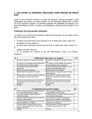 2. ¿ES USTED LA PERSONA ADECUADA PARA INICIAR UN NEGOCIO?
Antes de que empiece a pensar en ideas de negocios, necesita averiguar si está
preparado/a para operar su propio negocio. En las siguientes páginas hay un ejercicio que le ayudará a lograrlo. Le permitirá entender las cualidades de hombres y mujeres empresarias de éxito y evaluar sus habilidades y potencial para manejar su negocio.
EJERCICIO DE EVALUACIÓN PERSONAL
La Columna A y la Columna B contienen distintas afirmaciones, de las cuales una de
las dos es válida para usted.
•
•
el

Si opina que la afirmación de la Columna A es la válida para usted, anote 2 en
el casillero de dicha columna.
Si opina que la afirmación de la Columna B es la válida para usted, anote 2 en

casillero de dicha columna.
•
Si no coincide con ninguna de las dos afirmaciones, anote 0 en ambos
casilleros.
A

1. Motivación para iniciar un negocio
Tengo un trabajo que me genera ingresos
Yo tenía un buen trabajo remunerado antes
de decidir iniciar mi propio negocio
Yo aprendo algo de cada trabajo
que tengo
Soy una persona trabajadora
Deseo hacer del negocio mi carrera
Deseo tener un negocio para que mi familia
y yo tengamos mejor nivel de vida
Estoy convencido/a de que el éxito o fracaso depende en gran parte de mi propio
esfuerzo
TOTAL

A

2. Capacidad para asumir riesgos
Estoy convencido/a de que para progresar
en la vida debo enfrentar riesgos.
Las oportunidades surgen cuando se
enfrentan riesgos.
Asumo riesgos sólo después de evaluar las
ventajas y desventajas
Estoy dispuesto/a a aceptar que puedo perder lo invertido en mi negocio.
Cuando realizo cualquier tarea, asumo
que no siempre puedo tener control total
sobre la situación.
TOTAL

B

No tengo un trabajo que me genera ingresos
Yo no tenía un buen trabajo remunerado
antes de decidir iniciar un negocio
Yo sólo trabajo para ganar dinero; no me
importa no aprender gran cosa
No me gusta mucho trabajar
Deseo iniciar un negocio porque no tengo
otras opciones
Deseo tener un negocio porque quiero
tener éxito. La gente rica tiene su propio
negocio
Considero que necesito apoyo de otras
personas para triunfar en lo que me proponga hacer.
TOTAL

B

No me gusta arriesgarme, aún cuando
pueda obtener recompensas
Si depende de mí, prefiero hacer las cosas
de la manera más segura.
Si me gusta una idea, me arriesgo sin
pensar en las ventajas y desventajas.
Me es difícil aceptar que puedo perder lo
invertido en mi negocio.
Me gusta tener un control total sobre
cualquier cosa que llevo a cabo.
TOTAL
14

 