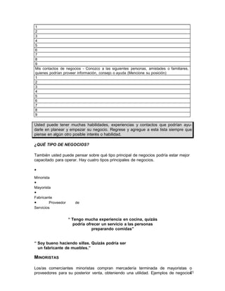 1
2
3
4
5
6
7
8
9
Mis contactos de negocios - Conozco a las siguientes personas, amistades o familiares,
quienes podrían proveer información, consejo o ayuda (Mencione su posición)
1
2
3
4
5
6
7
8
9

Usted puede tener muchas habilidades, experiencias y contactos que podrían ayudarle en planear y empezar su negocio. Regrese y agregue a esta lista siempre que
piense en algún otro posible interés o habilidad.
¿QUÉ TIPO DE NEGOCIOS?
También usted puede pensar sobre qué tipo principal de negocios podría estar mejor
capacitado para operar. Hay cuatro tipos principales de negocios.
•
Minorista

•

Mayorista

•

Fabricante
•
Proveedor
Servicios

de

“ Tengo mucha experiencia en cocina, quizás
podría ofrecer un servicio a las personas
preparando comidas”
“ Soy bueno haciendo sillas. Quizás podría ser
un fabricante de muebles.”

MINORISTAS
Los/as comerciantes minoristas compran mercadería terminada de mayoristas o
21
proveedores para su posterior venta, obteniendo una utilidad. Ejemplos de negocios

 