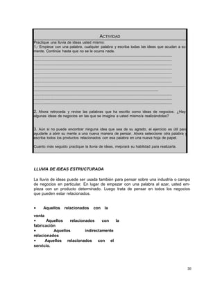 ACTIVIDAD
Practique una lluvia de ideas usted mismo:
1.- Empiece con una palabra, cualquier palabra y escriba todas las ideas que acudan a su
mente. Continúe hasta que no se le ocurra nada.
.....................................................................................................................................
.....................................................................................................................................
.....................................................................................................................................
.....................................................................................................................................
.....................................................................................................................................
.....................................................................................................................................
.....................................................................................................................................
..................................................................................................................................................
........................................................................................................................
.....................................................................................................................................
.....................................................................................................................................
.....................................................................................................................................

2. Ahora retroceda y revise las palabras que ha escrito como ideas de negocios. ¿Hay
algunas ideas de negocios en las que se imagina a usted mismo/a realizándolas?

3. Aún si no puede encontrar ninguna idea que sea de su agrado, el ejercicio es útil para
ayudarle a abrir su mente a una nueva manera de pensar. Ahora seleccione otra palabra y
escriba todos los productos relacionados con esa palabra en una nueva hoja de papel.
Cuanto más seguido practique la lluvia de ideas, mejorará su habilidad para realizarla.

LLUVIA DE IDEAS ESTRUCTURADA
La lluvia de ideas puede ser usada también para pensar sobre una industria o campo
de negocios en particular. En lugar de empezar con una palabra al azar, usted empieza con un producto determinado. Luego trata de pensar en todos los negocios
que pueden estar relacionados.
•

Aquellos

relacionados

con

la

venta
•
Aquellos
relacionados
con
la
fabricación
•
Aquellos
indirectamente
relacionados
•
Aquellos relacionados con el
servicio.

30

 