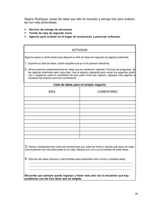 Regina Rodríguez revisa las ideas que ella ha marcado y escoge tres para analizarlas con más profundidad:
•
•
•

Servicio de entrega de almuerzos
Tienda de ropa de segunda mano
Agencia para cuidado en el hogar de ancianos/as y personas enfermas.

ACTIVIDAD
Siga los pasos a continuación para depurar su lista de ideas de negocios de páginas anteriores.

1. Examine su lista de ideas y tache aquellas que ya no le parecen atractivas.
2. Ahora examine cuidadosamente las ideas que se mantienen vigentes. Formule las preguntas de
las páginas anteriores para cada idea. Use el espacio siguiente para anotar los aspectos positivos o negativos sobre la posibilidad de que usted inicie ese negocio. Agregue más páginas si
necesita más espacio para sus comentarios.

Lista de ideas para mi propio negocio
IDEA

COMENTARIO

3. Piense cuidadosamente sobre las anotaciones que usted ha hecho y decida qué ideas de negocios le parecen las más adecuadas en su caso. Marque con una cruz al costado de estas ideas.

4. Elija las tres ideas mejores y más factibles para analizarlas más a fondo y anótelas abajo:
.................................................................................................................................
.................................................................................................................................
................................................................................................................................
Recuerde que siempre puede regresar y hacer esto otra vez si encuentra que hay
problemas con las tres ideas que ha elegido.

49

 