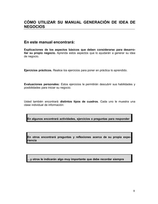 CÓMO UTILIZAR SU MANUAL GENERACIÓN DE IDEA DE
NEGOCIOS

En este manual encontrará:
Explicaciones de los aspectos básicos que deben considerarse para desarrollar su propio negocio. Aprenda estos aspectos que lo ayudarán a generar su idea
de negocio.

Ejercicios prácticos. Realice los ejercicios para poner en práctica lo aprendido.

Evaluaciones personales: Estos ejercicios le permitirán descubrir sus habilidades y
posibilidades para iniciar su negocio.

Usted también encontrará distintos tipos de cuadros. Cada uno le muestra una
clase individual de información:

En algunos encontrará actividades, ejercicios o preguntas para responder

En otros encontrará preguntas y reflexiones acerca de su propia experiencia

…y otros le indicarán algo muy importante que debe recordar siempre

8

 