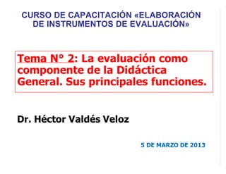 Tema N° 2: La evaluación como
componente de la Didáctica
General. Sus principales funciones.
Dr. Héctor Valdés Veloz
5 DE MARZO DE 2013
CURSO DE CAPACITACIÓN «ELABORACIÓN
DE INSTRUMENTOS DE EVALUACIÓN»
 