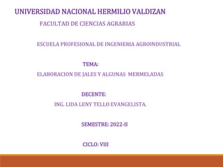 UNIVERSIDAD NACIONAL HERMILIO VALDIZAN
FACULTAD DE CIENCIAS AGRARIAS
ESCUELA PROFESIONAL DE INGENIERIA AGROINDUSTRIAL
TEMA:
ELABORACION DE JALES Y ALGUNAS MERMELADAS
DECENTE:
ING. LIDA LENY TELLO EVANGELISTA.
SEMESTRE: 2022-II
CICLO: VIII
 