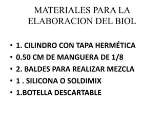 MATERIALES PARA LA
ELABORACION DEL BIOL
• 1. CILINDRO CON TAPA HERMÉTICA
• 0.50 CM DE MANGUERA DE 1/8
• 2. BALDES PARA REALIZAR MEZCLA
• 1 . SILICONA O SOLDIMIX
• 1.BOTELLA DESCARTABLE
 