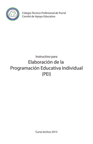 Instructivo para
Elaboración de la
Programación Educativa Individual
(PEI)
Colegio Técnico Profesional de Purral
Comité de Apoyo Educativo
Curso lectivo 2015
 