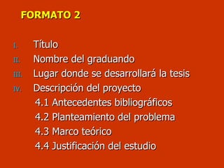 FORMATO 2 Título Nombre del graduando Lugar donde se desarrollará la tesis Descripción del proyecto 4.1 Antecedentes bibliográficos 4.2 Planteamiento del problema 4.3 Marco teórico 4.4 Justificación del estudio 