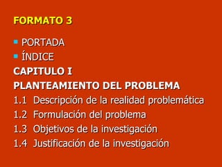 FORMATO 3 PORTADA ÍNDICE CAPITULO I  PLANTEAMIENTO DEL PROBLEMA  1.1  Descripción de la realidad problemática  1.2  Formulación del problema 1.3  Objetivos de la investigación  1.4  Justificación de la investigación 