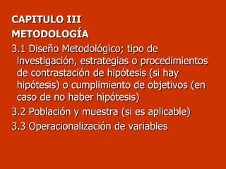 CAPITULO III METODOLOGÍA 3.1 Diseño Metodológico; tipo de investigación, estrategias o procedimientos de contrastación de hipótesis (si hay hipótesis) o cumplimiento de objetivos (en caso de no haber hipótesis)  3.2 Población y muestra (si es aplicable) 3.3 Operacionalización de variables  