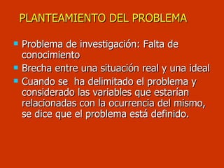 PLANTEAMIENTO DEL PROBLEMA   Problema de investigación: Falta de conocimiento Brecha entre una situación real y una ideal Cuando se  ha delimitado el problema y considerado las variables que estarían relacionadas con la ocurrencia del mismo, se dice que el problema está definido. 