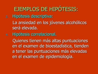 EJEMPLOS DE HIPÓTESIS: Hipótesis descriptiva: La ansiedad en los jóvenes alcohólicos será elevada. Hipótesis correlacional. Quienes tienen más altas puntuaciones en el examen de bioestadística, tienden a tener las puntuaciones más elevadas en el examen de epidemiología. 